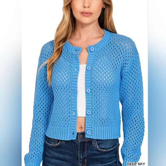 Zenana 100% Cotton Crochet Cardigan – Lightweight Button Sweater for Her Lt Blue